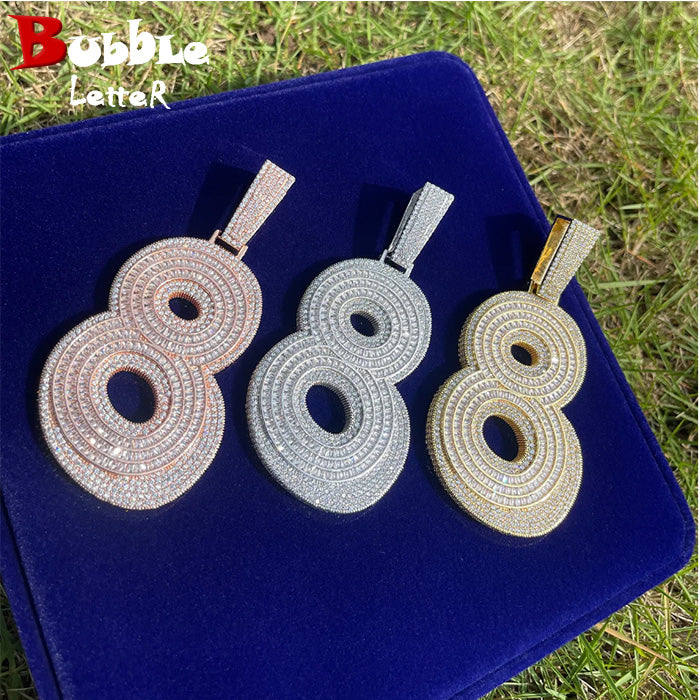 Bubble Letter Iced Out Number 8 Necklace Pendant for Men Prong Setting Real Gold Plated Cubic Zirconia Hip Hop Jewelry