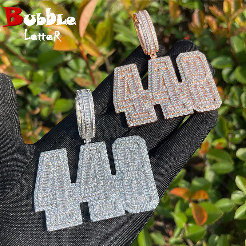 Bubble Letter Iced Out Necklace for Men Number 448 Pendant Baguette Real Gold Plated Hip Hop Jewelry