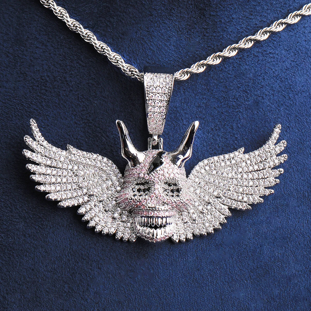 Bubble Letter Iced Out Wing Skull Necklace Pendant for Men Real Gold Plated 5A Cubic Zirconia Hip Hop Jewelry