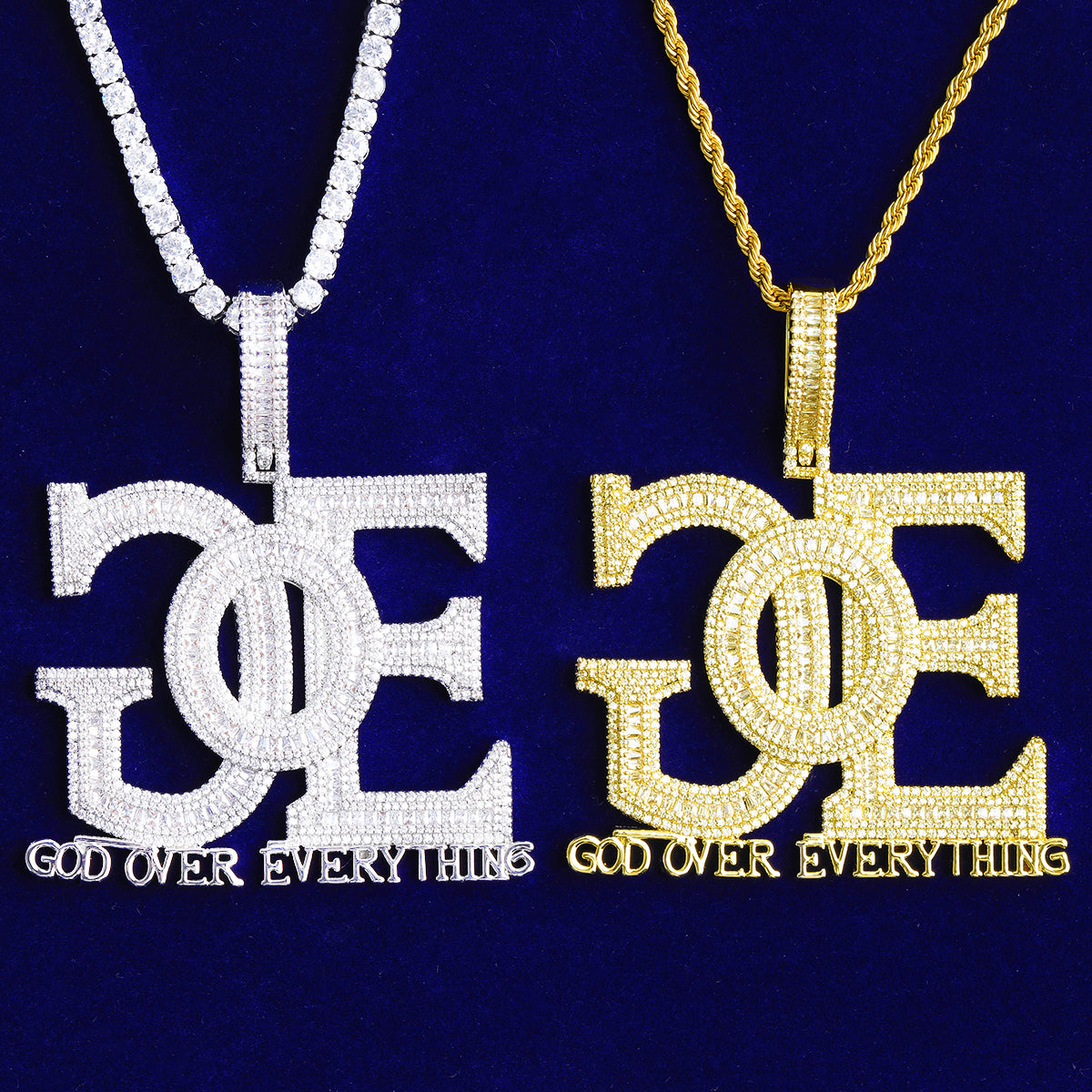 Bubble Letter Iced Out Backside God Over Everything Necklace Pendant for Men Real Gold Plated 5A Cubic Zirconia Hip Hop Jewelry