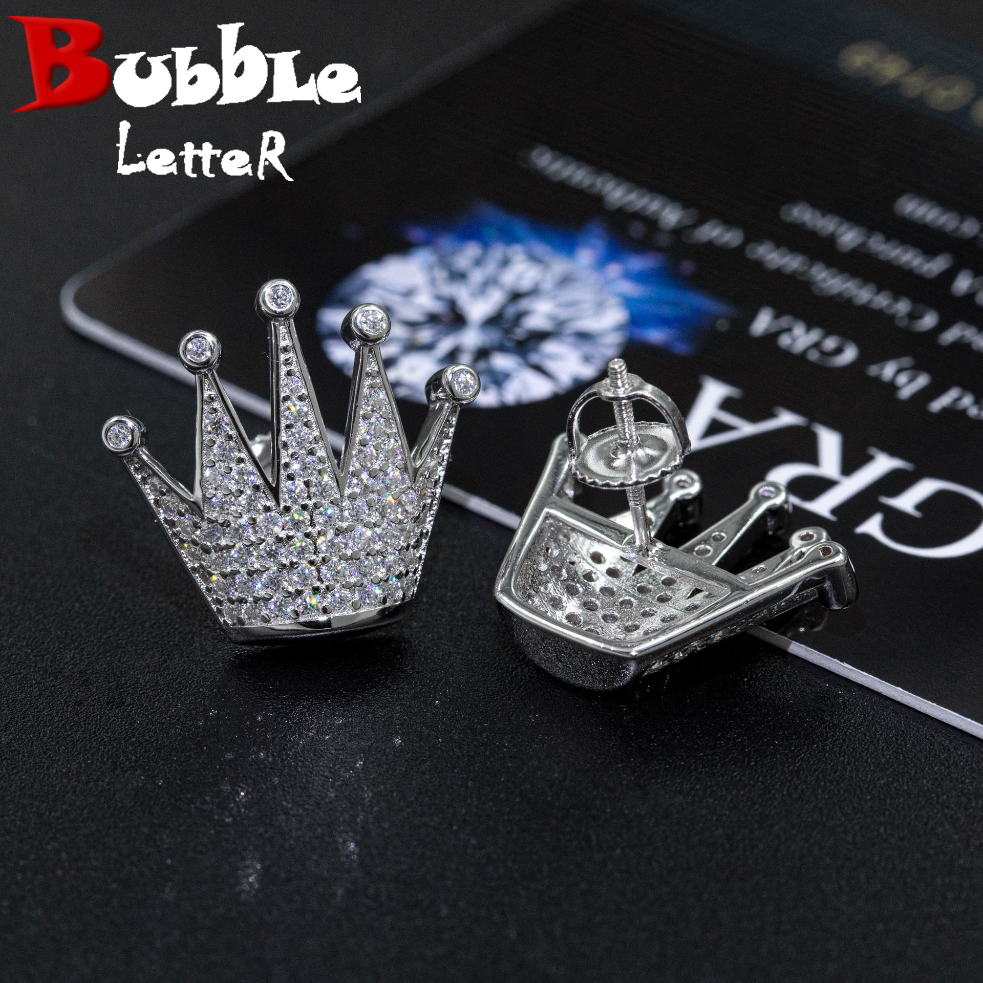 Bubble Letter Silver Moissanite VVS Crown Stud Earring for Men Hip Hop Jewelry