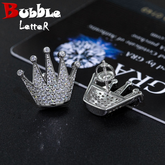 Bubble Letter Silver Moissanite VVS Crown Stud Earring for Men Hip Hop Jewelry