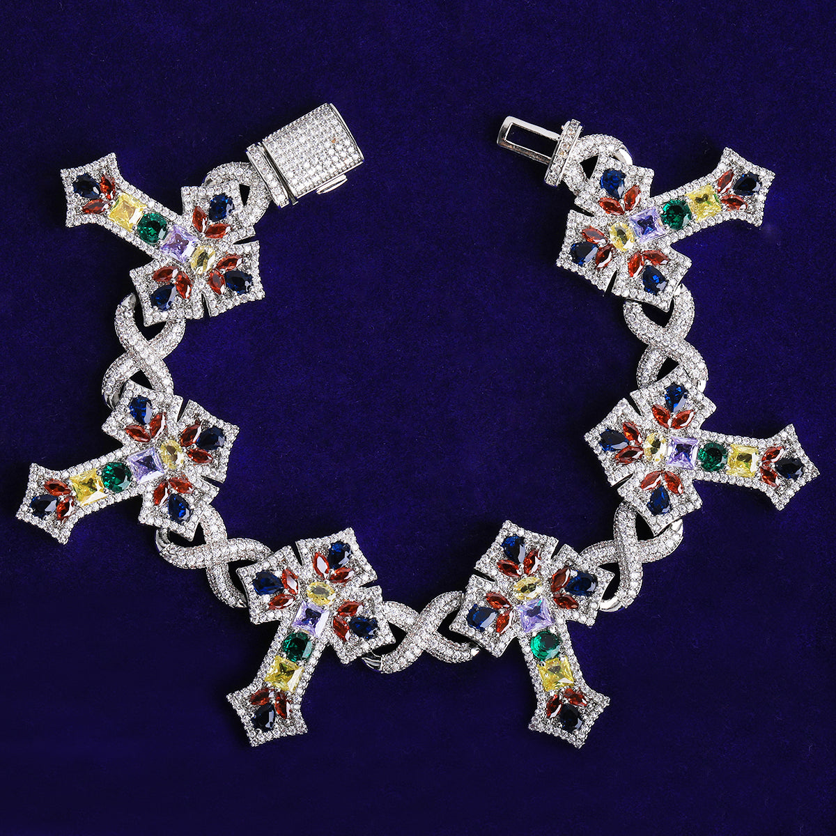 Bubble Letter Iced Out Colorful Cross Link Bracelet for Men 5A Cubic Zirconia Prong Setting Hip Hop Jewelry
