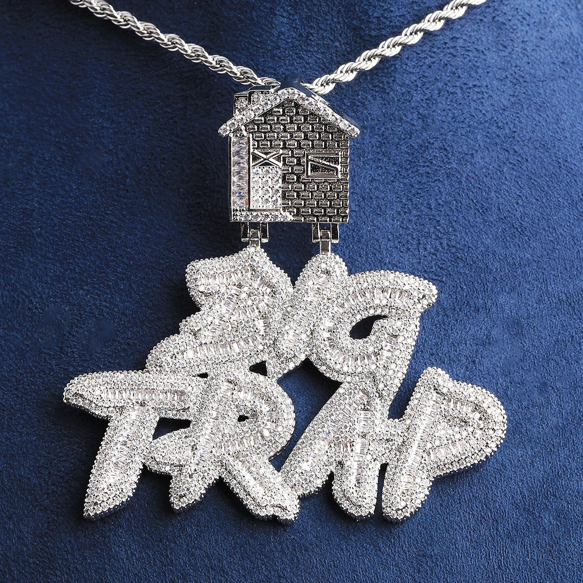 Bubble Letter Iced Out Big Trap House Bail Necklace Pendant for Men Real Gold Plated 5A Cubic Zirconia Hip Hop Jewelry