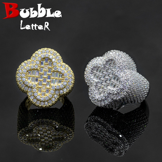 Bubble Letter Silver Moissanite VVS Baguette Flower Ring for Women Hip Hop Jewelry
