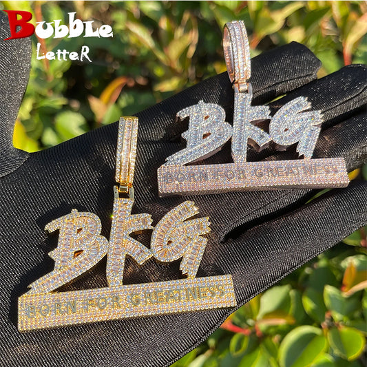 Bubble Letter Iced Out Pendant for Men Born for Greatness Necklace Prong Setting Double Color Hip Hop Jewelry