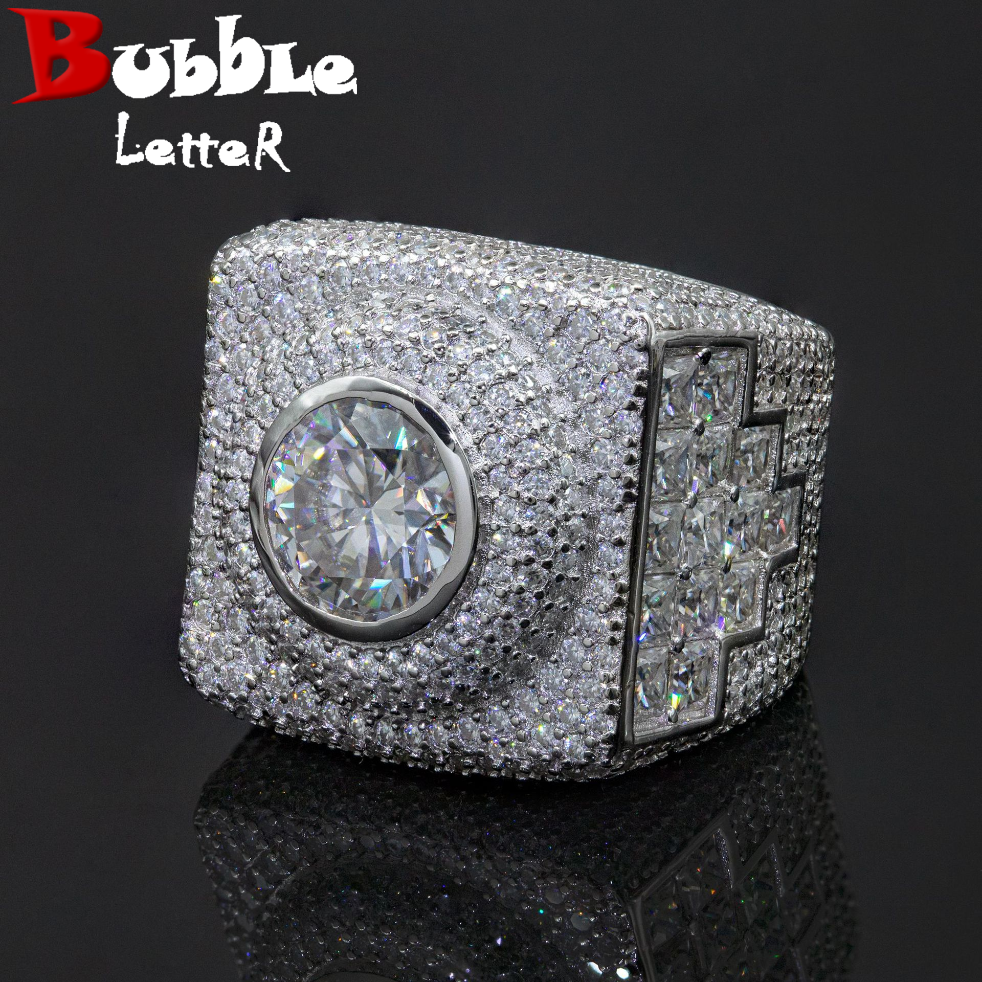 Bubble Letter Silver Moissanite VVS Eye Ring for Men Hip Hop Jewelry