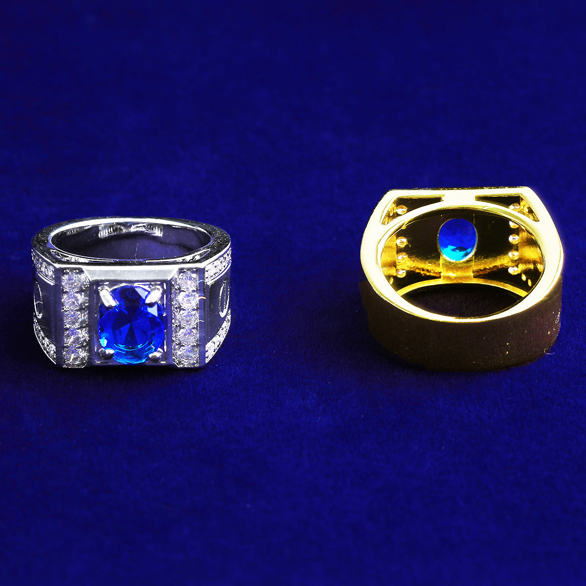 Bubble Letter Iced Out Blue Stone Ring for Men Real Gold Plated Hip Hop Jewelry