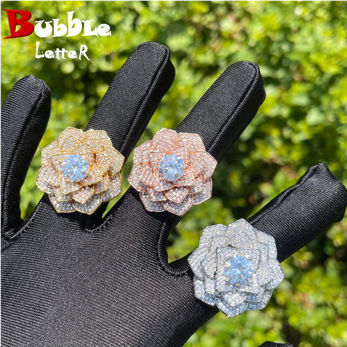 Bubble Letter Iced Out Rose Flower Ring for Women Micro Pave Cubic Zirconia Real Gold Plated Hip Hop Jewelry