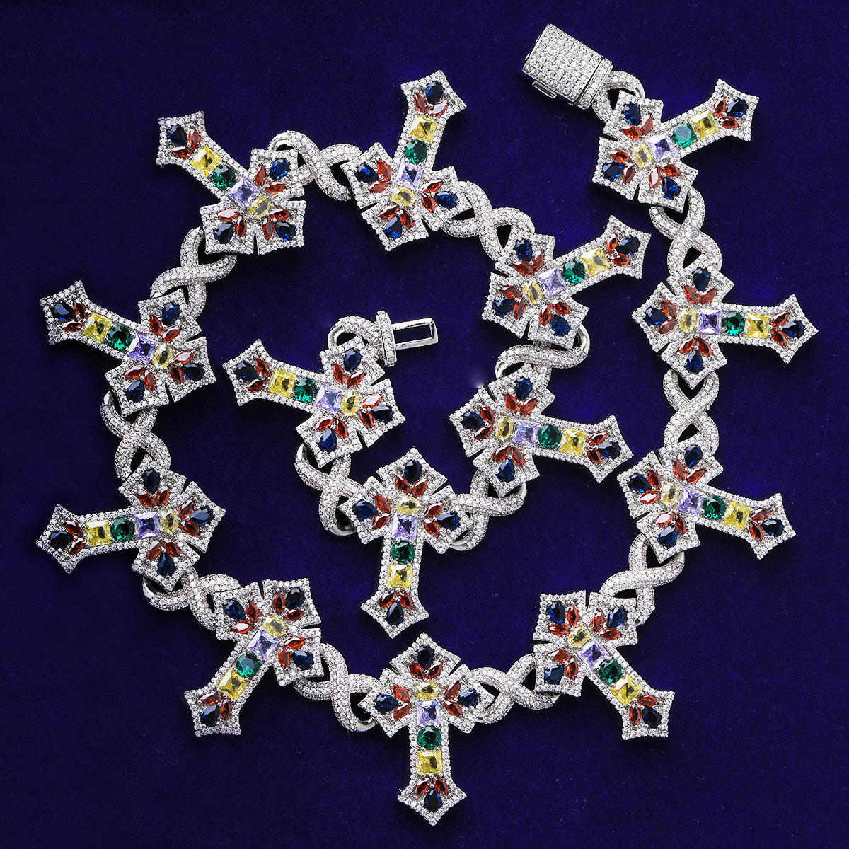 Bubble Letter Iced Out Colorful Cross Link Chain for Men Necklace Choker Prong Setting Hip Hop Jewelry