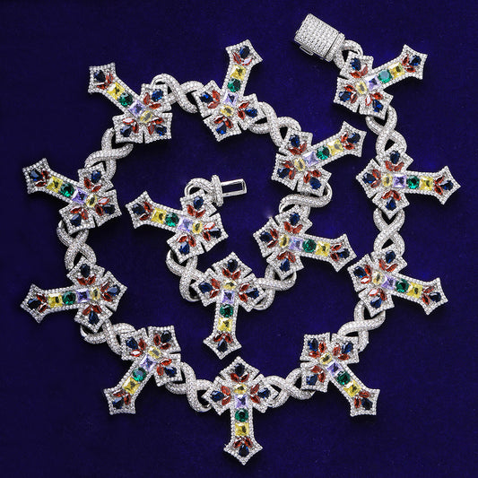 Bubble Letter Iced Out Colorful Cross Link Chain for Men Necklace Choker Prong Setting Hip Hop Jewelry