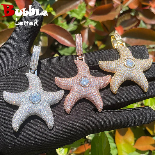 Bubble Letter Iced Out Sea Star Pendant for Women Prong Setting Necklace Cubic Zirconia Hip Hop Jewelry 2023 Trends