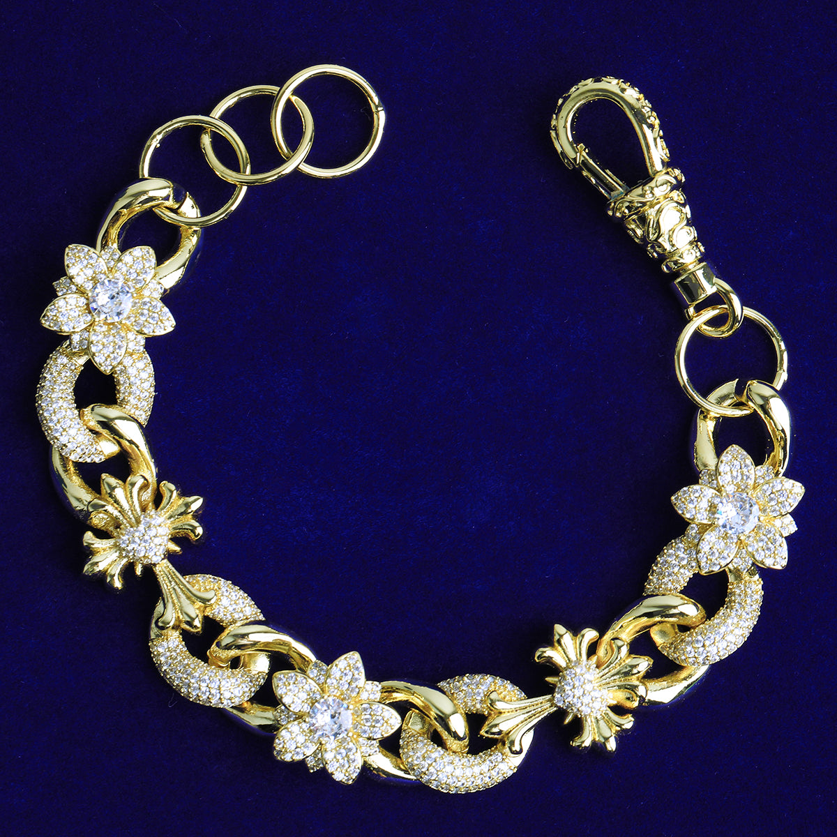 Bubble Letter Iced Out Cross Flower Link Bracelet for Men Real Copper Gold Plated Hip Hop Jewelry