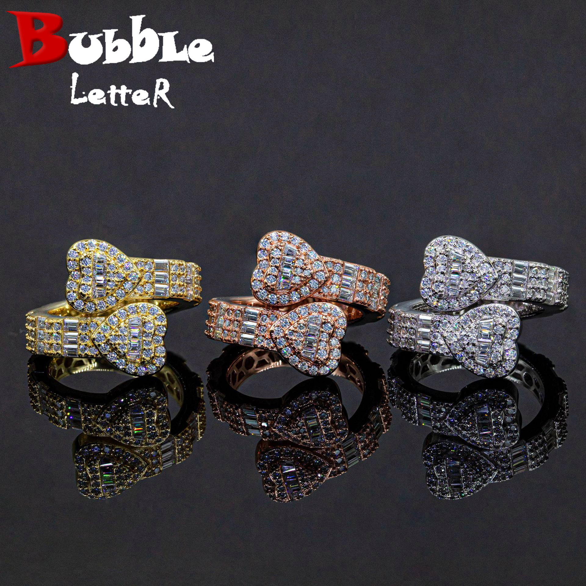 Bubble Letter Silver Moissanite VVS Baguette Heart Ring for Men Hip Hop Jewelry