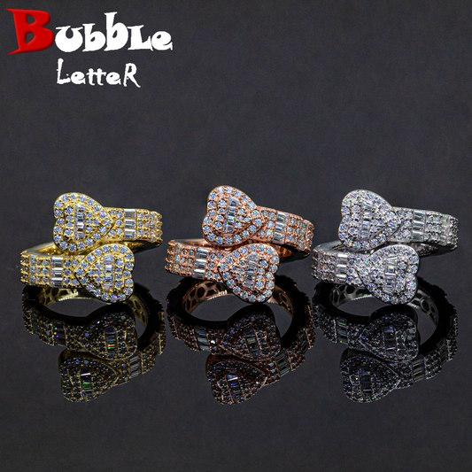 Bubble Letter Silver Moissanite VVS Baguette Heart Ring for Men Hip Hop Jewelry