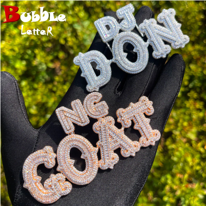 Bubble Letter Custom 2 Sizes Baguette Name Necklace Pendant for Women Micro Pave Personalized Small Letter Clasp Hip Hop Jewelry