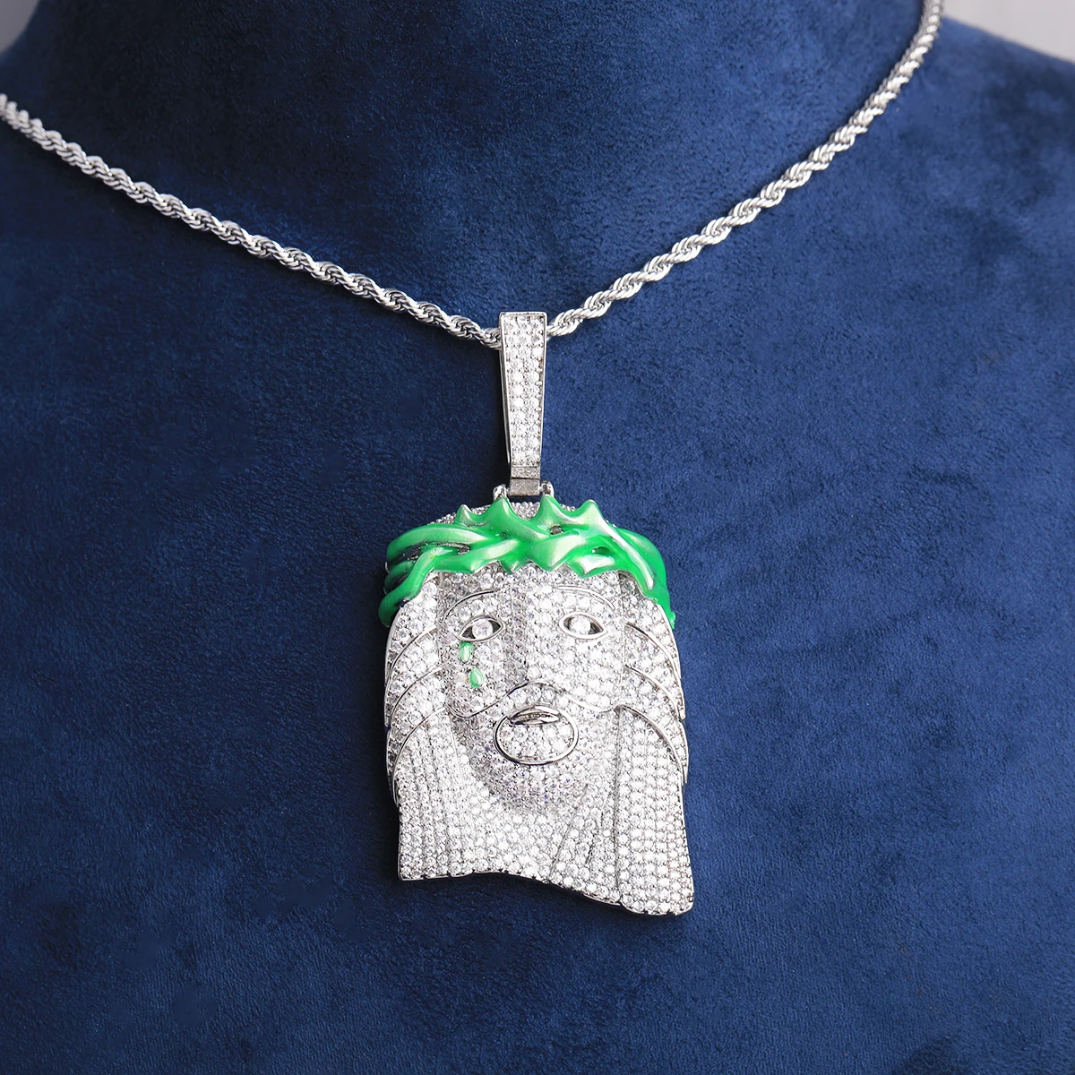 Bubble Letter Iced Out Green Jesus Necklace Pendant for Men 5A Cubic Zirconia Gold Plated Hip Hop Jewelry