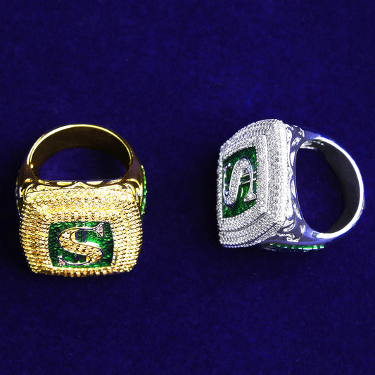 Bubble Letter Iced Out Dollar Sign $ Ring for Men 5A Cubic Zirconia Real Gold Plated Hip Hop Jewelry