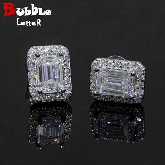 Bubble Letter Silver Moissanite VVS Rectangle Baguette Stud Earring for Men Hip Hop Jewelry