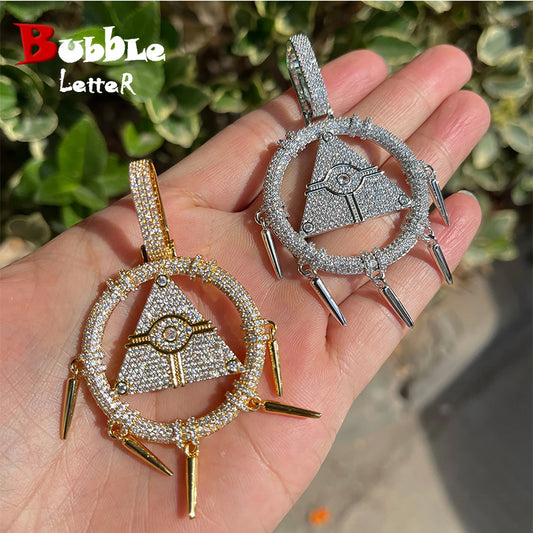 Bubble Letter Iced Out Pendant Millennium Wisdom Wheel Dream Catcher Necklace for Women Cubic Zirconia Gold Color HipHop Jewelry