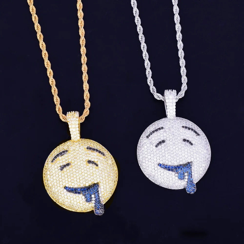 Bubble Letter Drool Round Face Pendant Gold Color Plated Charm Bling Cubic Zircon Men's Hip Hop Necklace Rock Jewelry