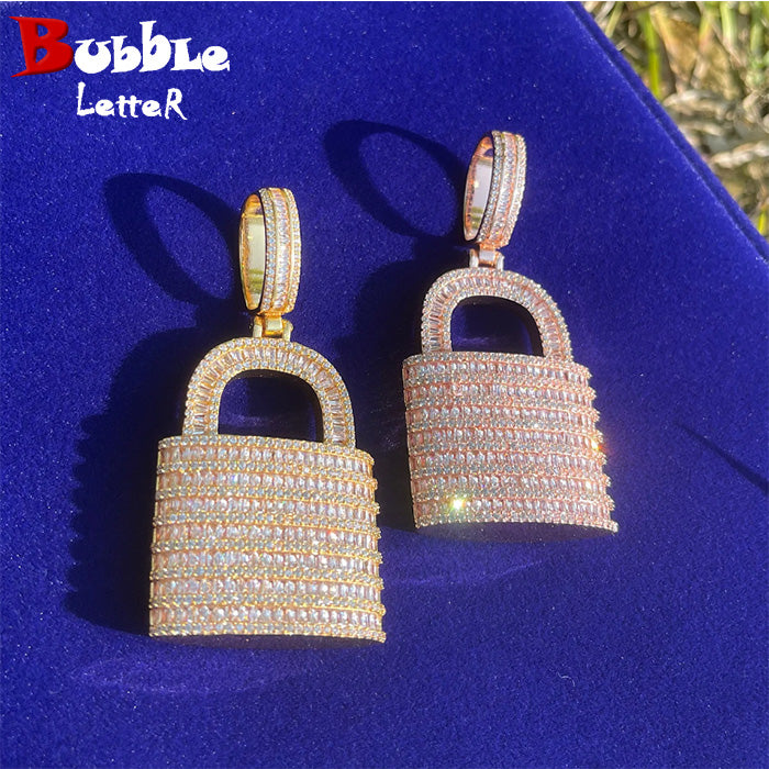 Bubble Letter Iced Out Lock Necklace Pendant for Women Real Gold Plated Prong Setting Copper Cubic Zirconia Hip Hop Jewelry