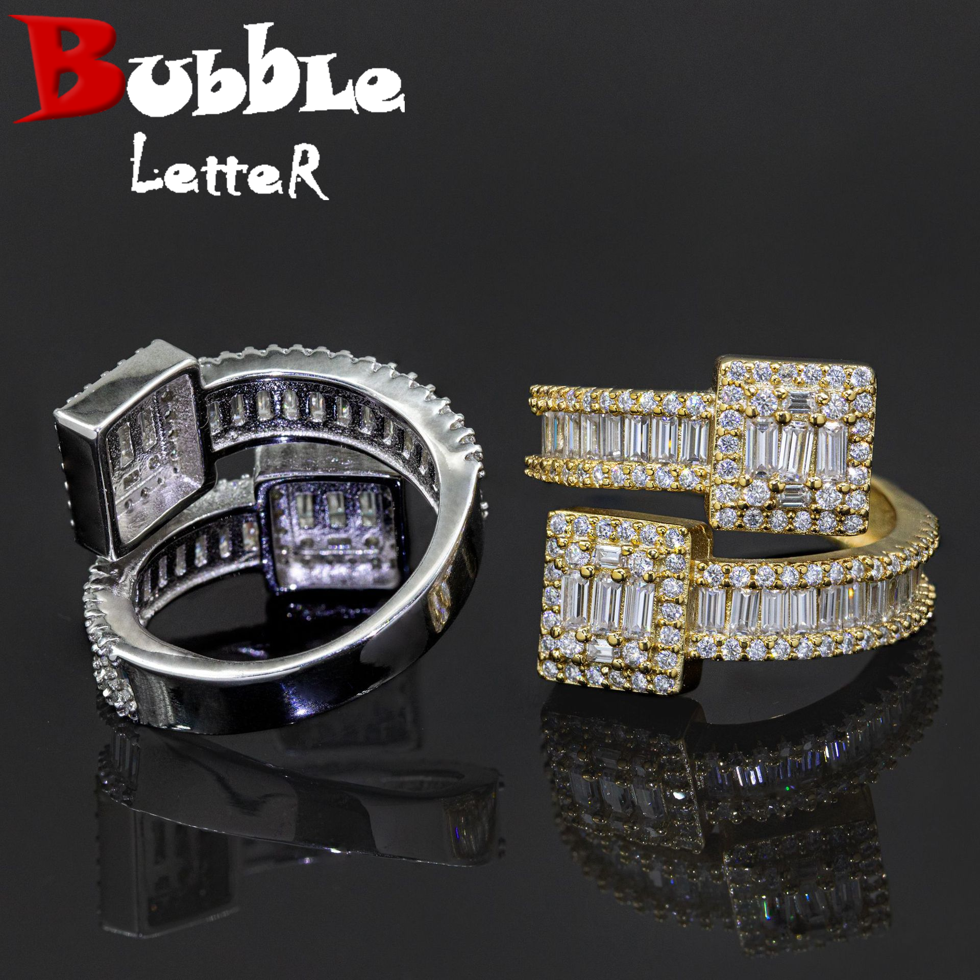 Bubble Letter Silver Moissanite VVS Baguette Ring  for Men Hip Hop Jewelry