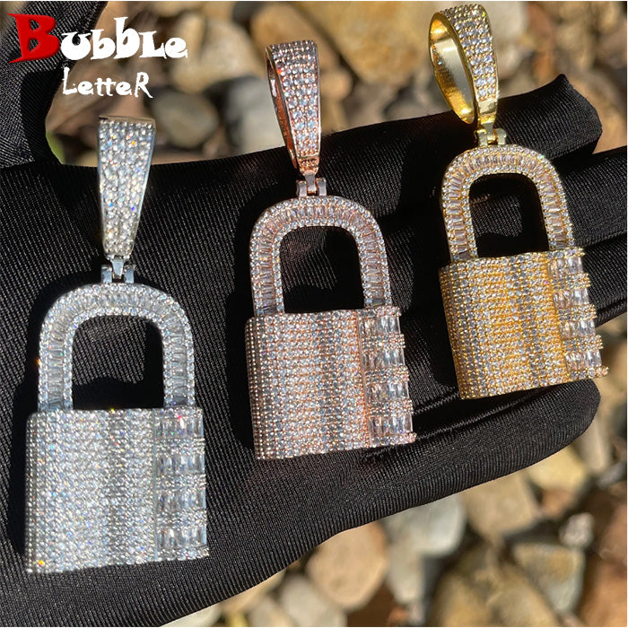 Bubble Letter Iced Out Password Lock Necklace Pendant for Women Real Gold Plated Cubic Zirconia Hip Hop Jewelry