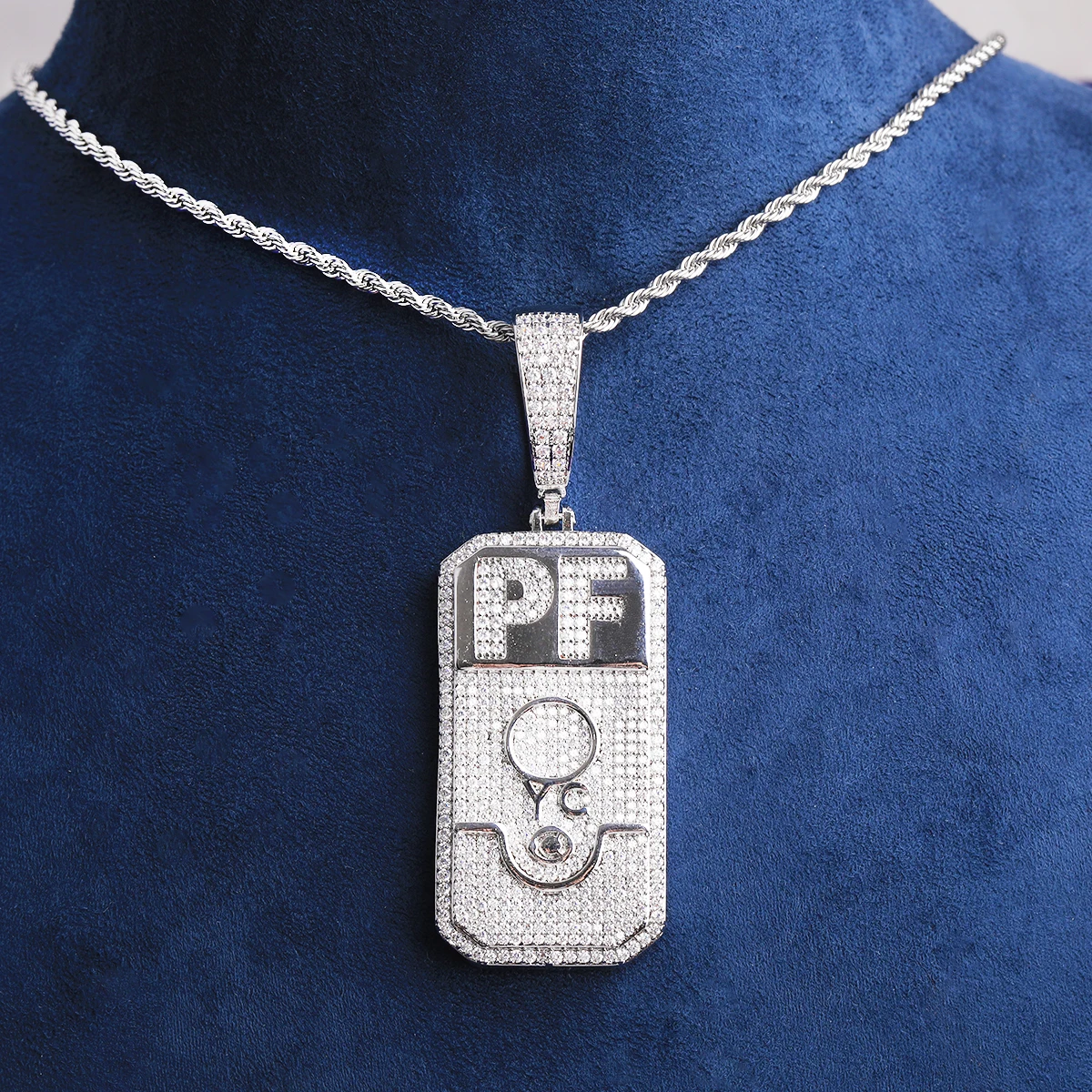 Bubble Letter Iced Out PF Dog Tag Necklace Pendant for Men 5A Cubic Zirconia Gold Plated Hip Hop Jewelry