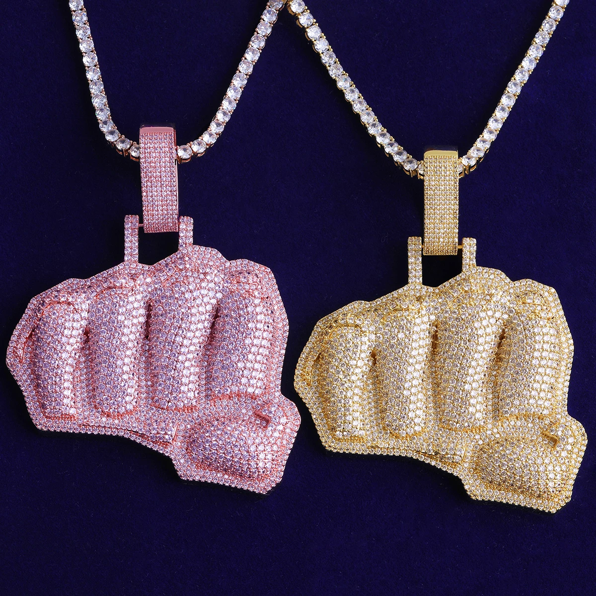 Bubble Letter Iced Out Fist Necklace Pendant for Men Real Gold Plated Cubic Zirconia Hip Hop Jewelry