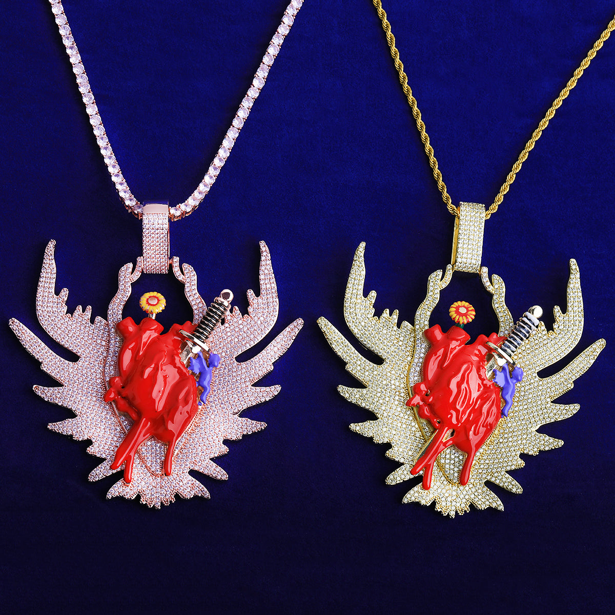 Bubble Letter Iced Out Blood Organ Arrow Wing Necklace Pendant Colgante Rompecorazones Oro Blanco Hip Hop Jewelry