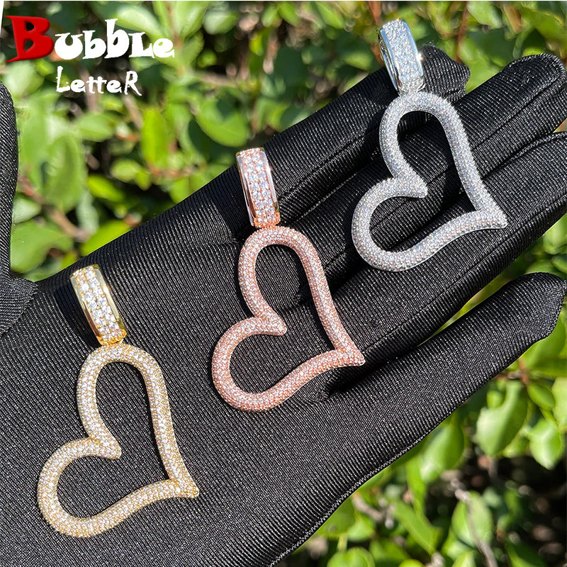 Bubble Letter Iced Out Open Heart Necklace for Women Prong Setting Cubic Zirconia Real Gold Plated Hip Hop Jewelry