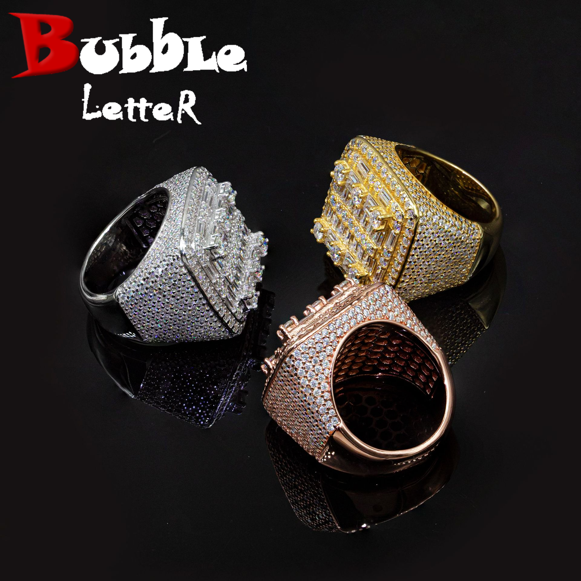 Bubble Letter Silver Moissanite VVS Square Baguette Ring for Men Hip Hop Jewelry