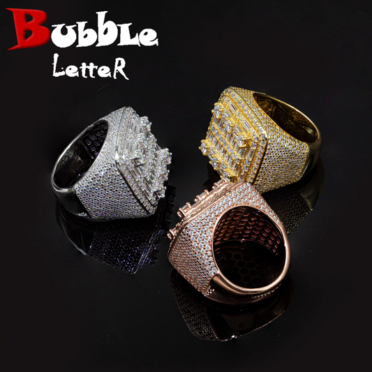 Bubble Letter Silver Moissanite VVS Square Baguette Ring for Men Hip Hop Jewelry