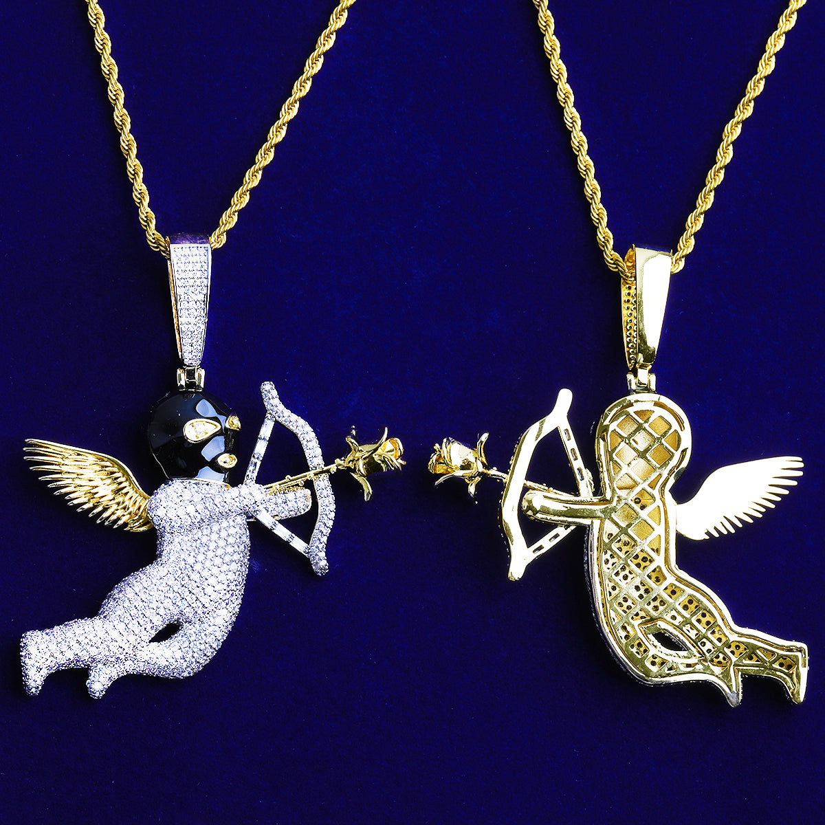 Bubble Letter Iced Out Angel Wing Arrow Necklace Pendant for Men 5A Real Gold Plated Hip Hop Jewelry