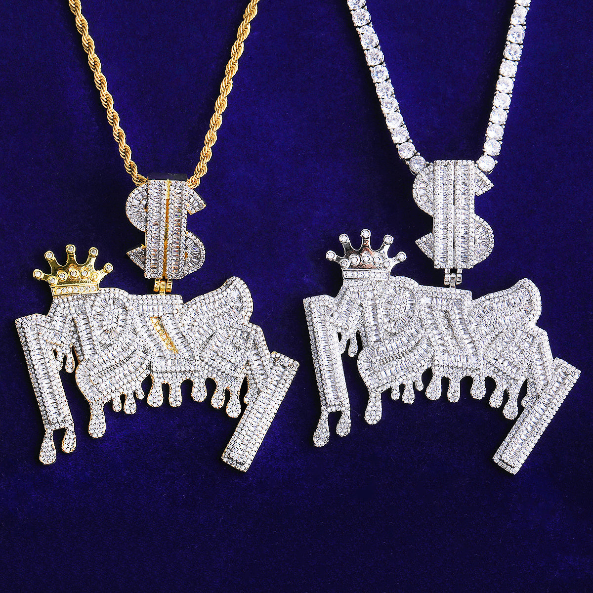 Bubble Letter Iced Out Money Dollar Sign Bail Necklace Pendant for Men 5A Cubic Zirconia Gold Plated Hip Hop Jewelry