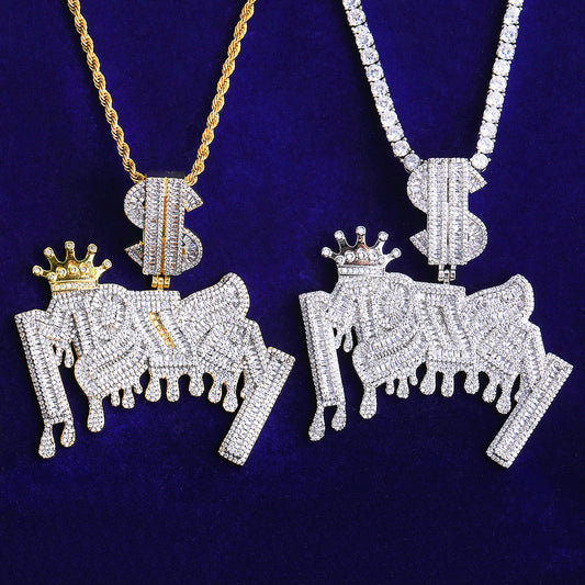 Bubble Letter Iced Out Money Dollar Sign Bail Necklace Pendant for Men 5A Cubic Zirconia Gold Plated Hip Hop Jewelry