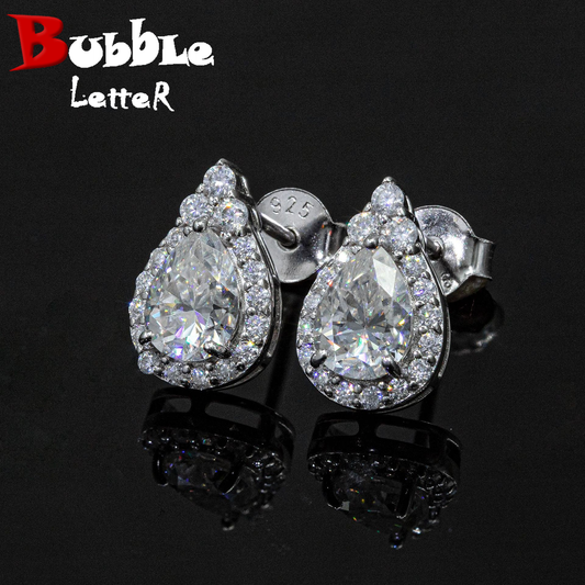 Bubble Letter Silver Moissanite VVS Water Drop Shape Stud Earring for Women Hip Hop Jewelry