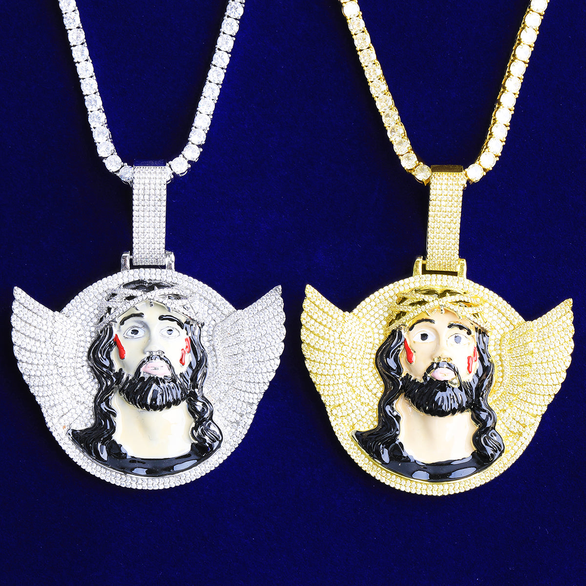 Bubble Letter Iced Out Wing Jesus Disc Necklace Pendant for Men 5A Cubic Zirconia Hip Hop Jewelry