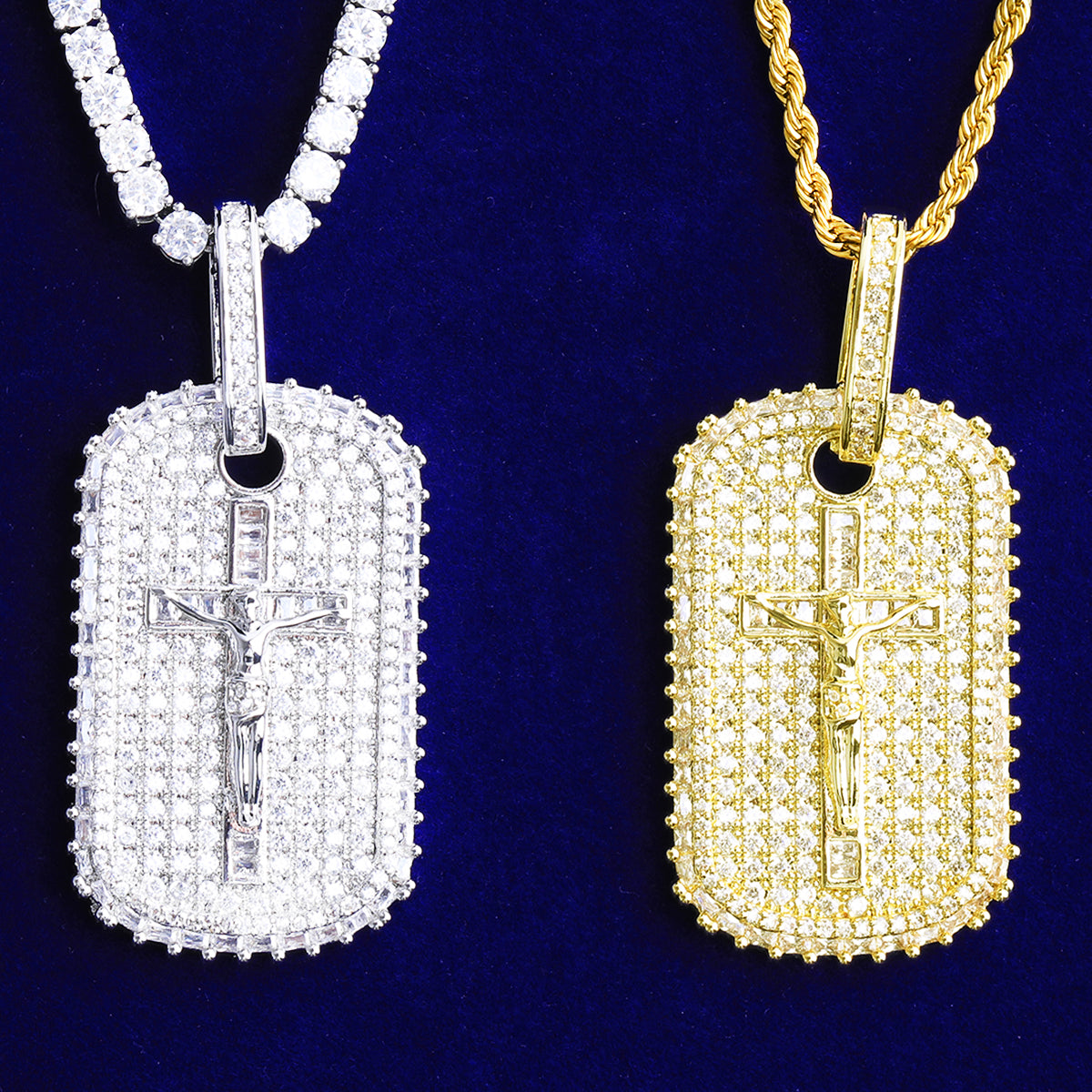 Bubble Letter Iced Out Dog Tag Cross Jesus Necklace Pendant for Men 5A Cubic Zirconia Hip Hop Jewelry