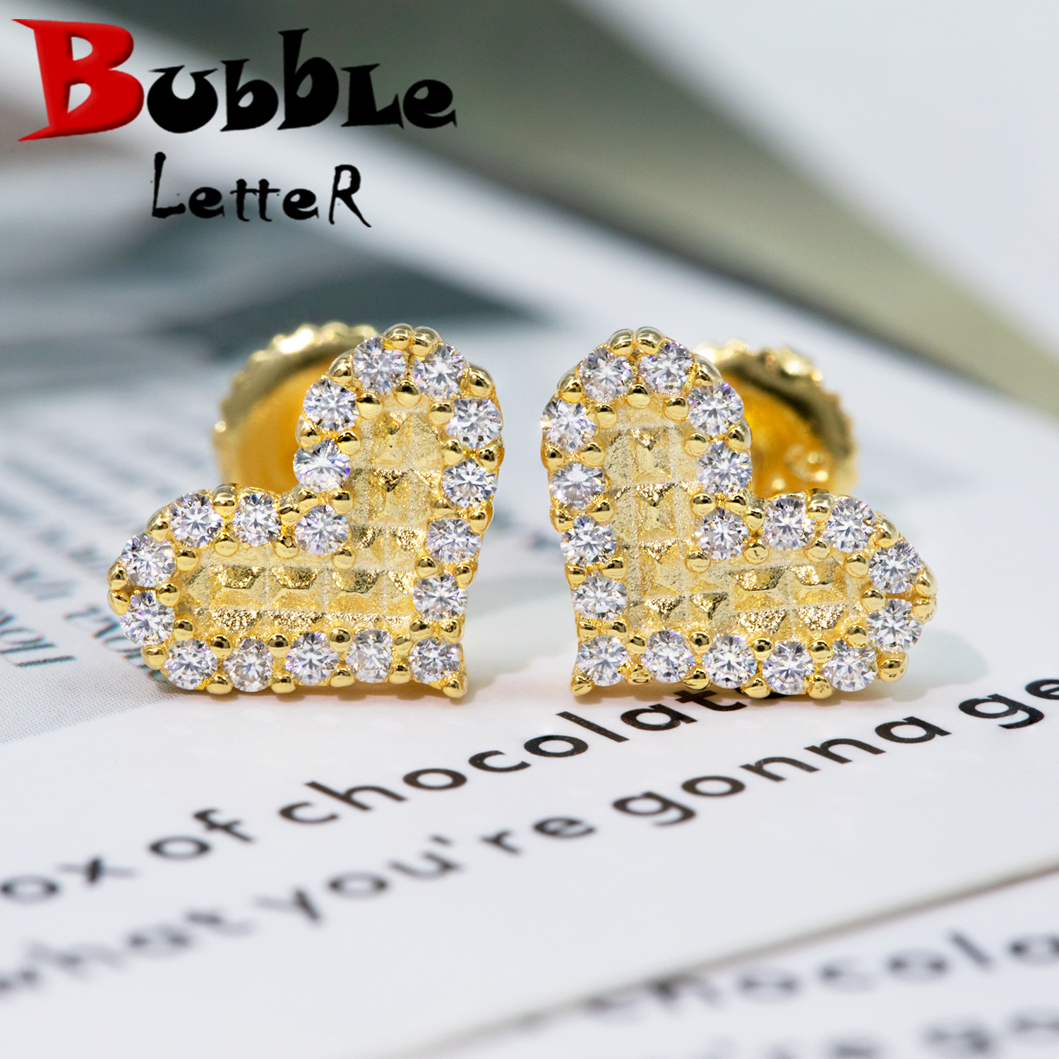 Bubble Letter Silver Moissanite VVS Crooked Heart Stud Earring for Men Hip Hop Jewelry