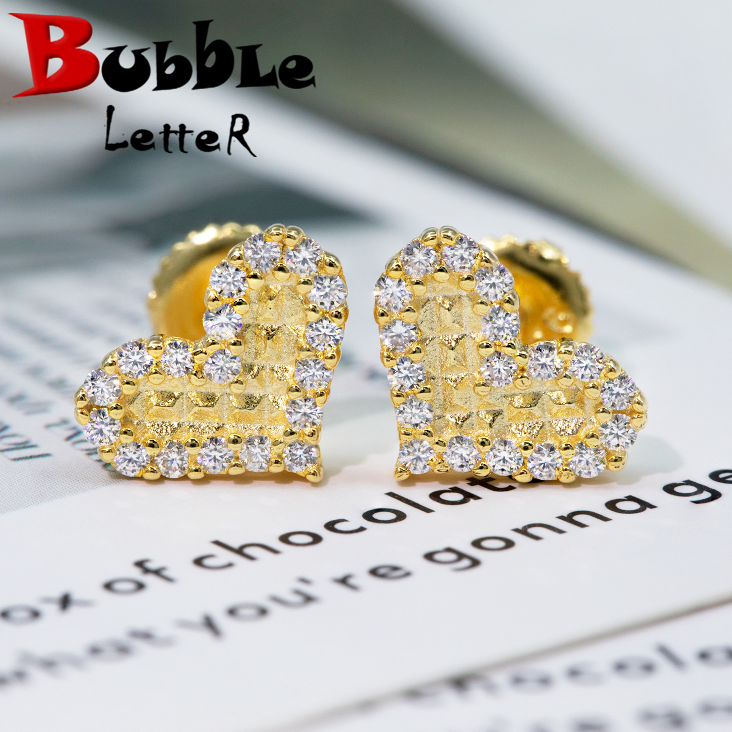 Bubble Letter Silver Moissanite VVS Crooked Heart Stud Earring for Men Hip Hop Jewelry