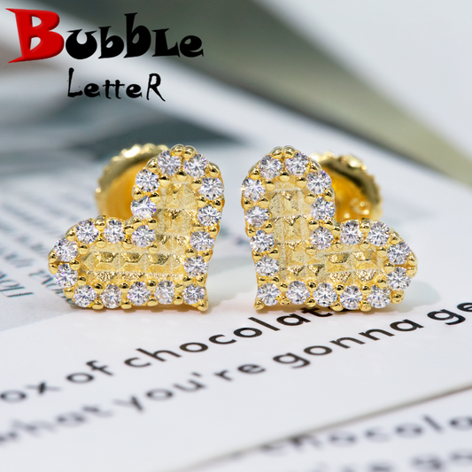 Bubble Letter Silver Moissanite VVS Crooked Heart Stud Earring for Men Hip Hop Jewelry