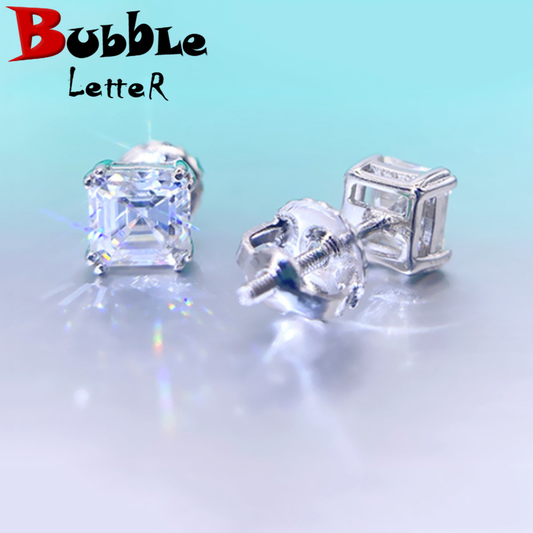 Bubble Letter Silver Moissanite VVS Baguette Square Stud Earring for Men Hip Hop Jewelry