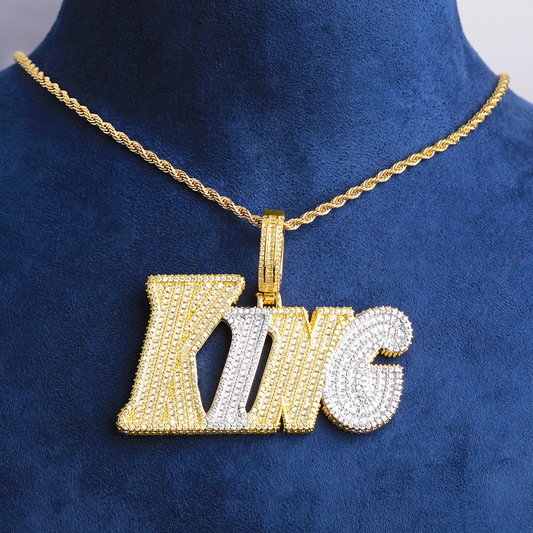 Bubble Letter Iced Out King Necklace Pendant for Men 5A Cubic Zirconia Prong Setting Hip Hop Jewelry