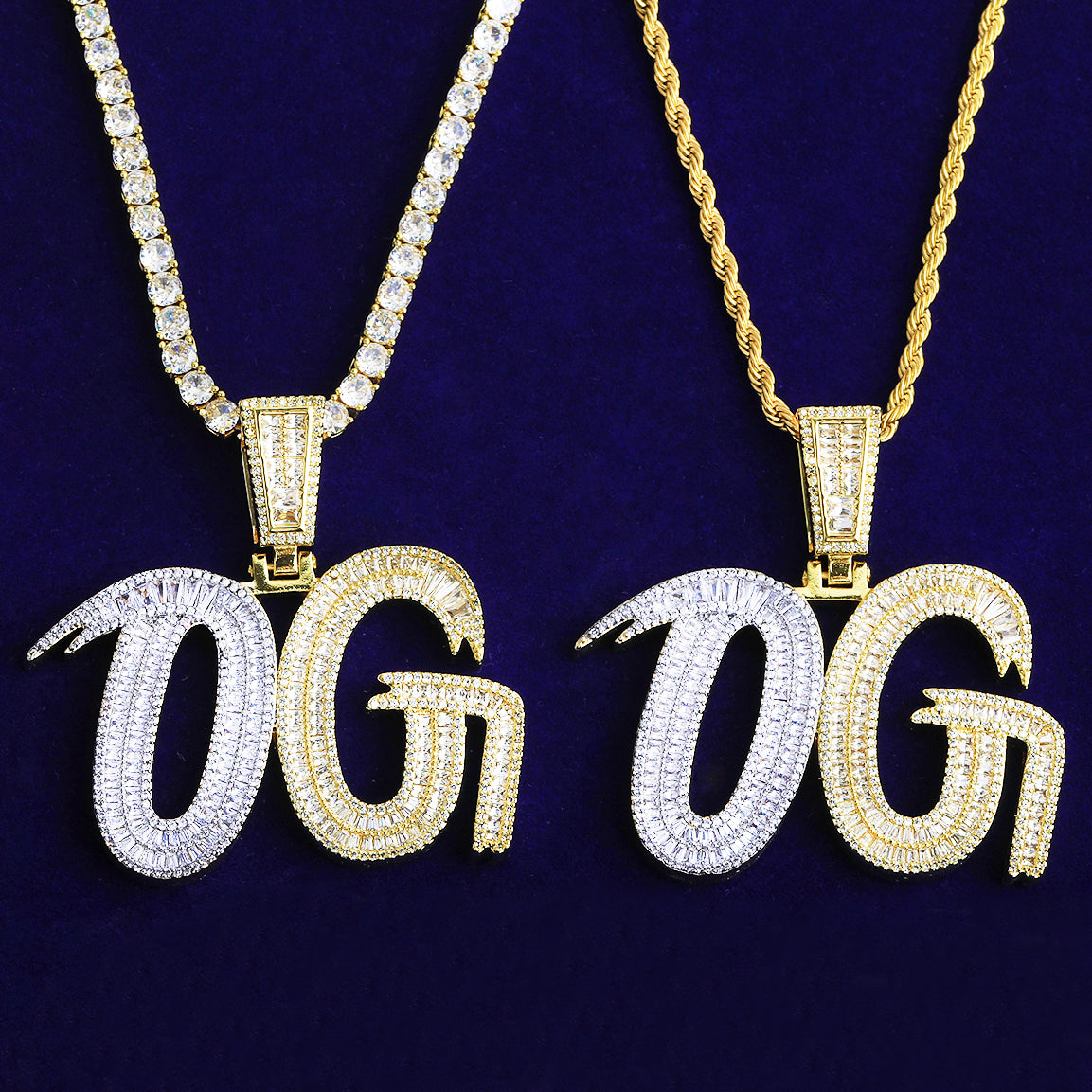 Bubble Letter Iced Out OG Two Tone Necklace Pendant for Men 5A Cubic Zirconia Gold Plated Hip Hop Jewelry