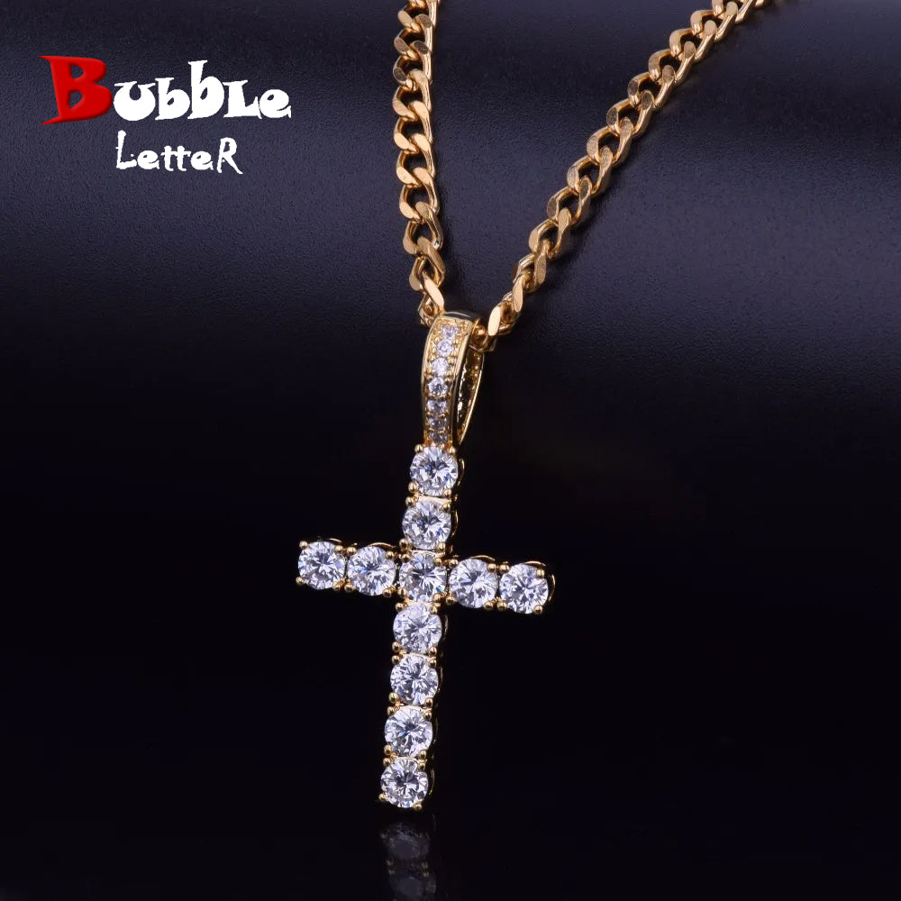 Bubble Letter Cross Necklace for Men Pendant Gold Color Copper Material Hip Hop Jewelry