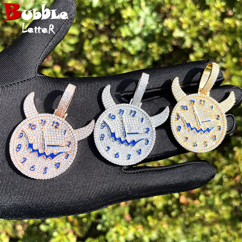 Bubble Letter Iced Out Evil Clock Necklace Pendant for Women Real Gold Plated Hip Hop Jewelry