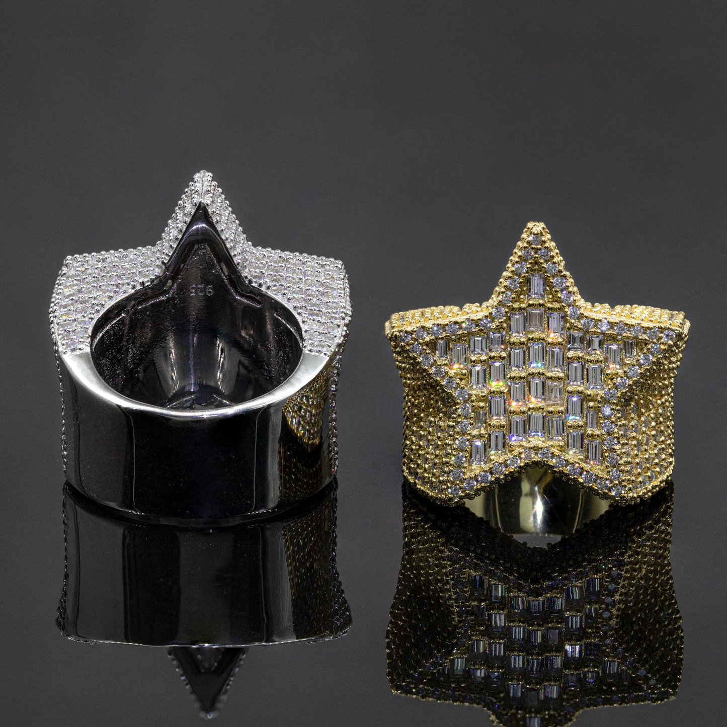 Bubble Letter Silver Moissanite VVS Baguette Top Star Ring for Men Hip Hop Jewelry