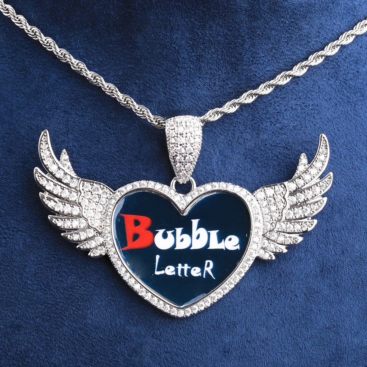Bubble Letter Iced Out Wing Heart Solid back Custom Photo Necklace Pendant for Men Real Gold Plated 5A Grade Hip Hop Jewelry